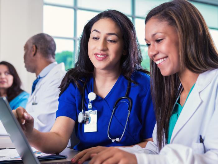 Two nurses reviewing records on a laptop